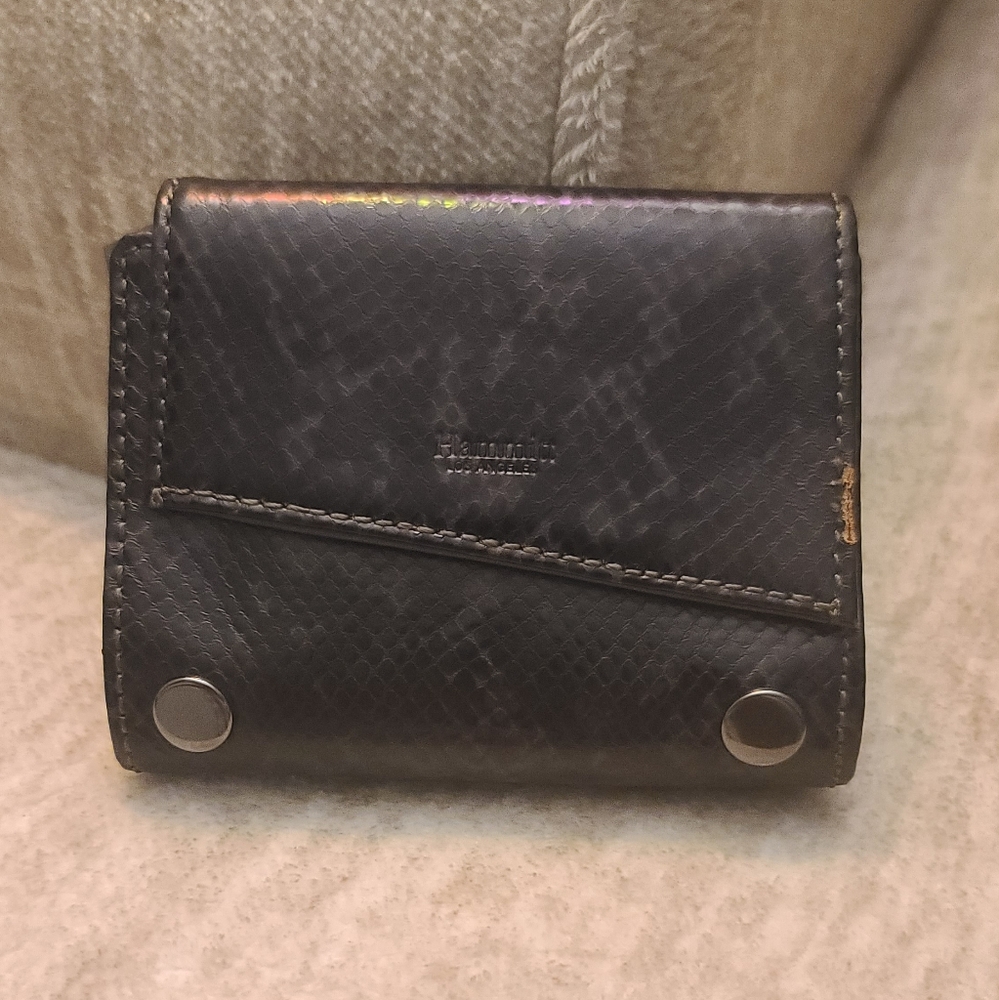 Hammitt Black Leather Trifold Wallet with Silver Hardware